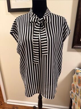 Bar III Black and White Vertical Stripe Tie-Front Blouse